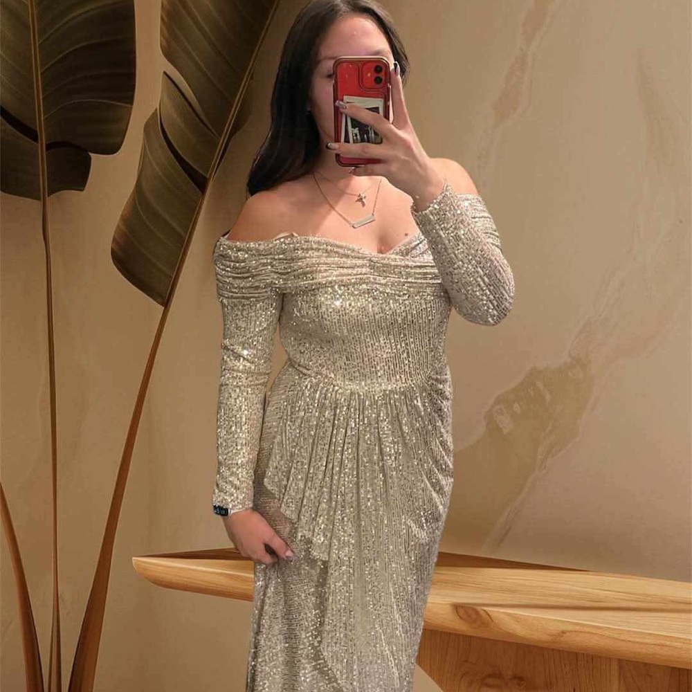 Glamorous Off-Shoulder Silver Cream Sequin Dress
